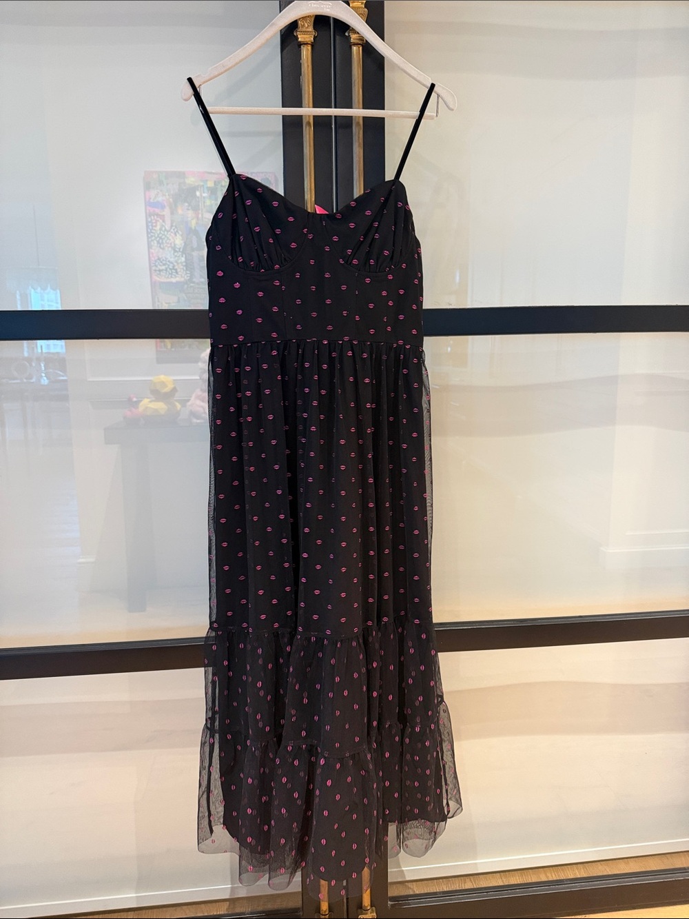 Betsey Johnson Black Maxi Dress with Pink Lips Print